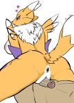  2019 absurd_res anthro anus big_breasts black_sclera blue_eyes blush breasts butt canid canine canis clothing digimon digimon_(species) digital_media_(artwork) duo female fur grinding hi_res male mammal nipples nude ownychan pussy pussyjob renamon simple_background yellow_fur 