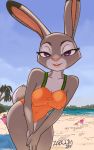  2019 5:8 anthro beach bedroom_eyes bent_over beverage blue_sky bucket buckteeth countershade_torso countershading detailed_background dipstick_ears disney female fur grey_fur half-closed_eyes hand_between_legs hi_res judy_hopps lagomorph leporid looking_at_viewer mammal multicolored_ears nipple_outline open_mouth open_smile palm_tree portrait purple_eyes rabbit sea seaside seductive shovel sky smile solo teeth three-quarter_portrait tools tree water watermark zaboom zootopia 