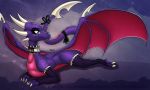  2019 abstract_background black_ribbon clothing collar cynder dragon eyeshadow female feral glistening green_eyes greenlinzerd horn legwear looking_away lying makeup nude on_front pink_scales pink_skin purple_body purple_scales purple_skin purple_theme ribbons scales scalie signature solo spyro_the_dragon stockings the_legend_of_spyro thigh_highs video_games western_dragon 