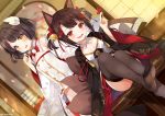  2girls :d akagi-chan_(azur_lane) animal_ears azur_lane bare_shoulders bell black_hair black_kimono black_legwear blush breasts brown_hair collarbone dress eyebrows_visible_through_hair fang feet fox_ears fox_girl fox_tail hair_bell hair_ornament hakama_skirt hiei-chan_(azur_lane) horns indoors japanese_clothes kimono kurot long_sleeves looking_at_viewer multiple_girls multiple_tails no_shoes open_mouth pleated_skirt red_eyes red_skirt short_dress short_hair skirt small_breasts smile tail thighhighs twintails white_dress wide_sleeves yellow_eyes younger 