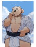  2019 absurd_res anthro belly blue_eyes clothing eyewear fundoshi glasses hi_res humanoid_hands japanese_clothing leib_(tas) male mammal navel neruneru8 overweight overweight_male polar_bear robe smoking solo tokyo_afterschool_summoners underwear ursid ursine video_games 