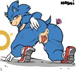  all_fours anus big_butt big_legs blue_fur butt buublybutt clothing crossgender dart ear_piercing ear_ring eulipotyphlan fur green_eyes hedgehog jewelry legwear looking_at_viewer mammal piercing presenting presenting_pussy puffy_anus pussy ring sega simple_background sneakers sonic_(series) sonic_movie sonic_the_hedgehog spread_legs spread_pussy spreading sweat thick_thighs thigh_highs video_games 