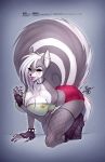  anthro black_nose breasts clothed clothing digital_media_(artwork) female hair hi_res jesonite mammal mephitid simple_background skunk smile solo white_hair 