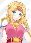  1girl bangs blonde_hair blue_eyes blush breasts dress earrings gloves jewelry long_hair looking_at_viewer medium_breasts necklace nintendo open_mouth pointy_ears princess_zelda shiyo_yoyoyo simple_background solo super_smash_bros. the_legend_of_zelda the_legend_of_zelda:_a_link_between_worlds tiara upper_body 