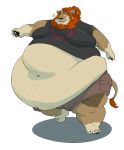  anthro barefoot belly big_belly breath claws clothed clothing double_chin dreadlocks felid fur hi_res lion love_handles male mammal mane midriff moobs morbidly_obese navel obese obese_male open_mouth open_smile overweight overweight_male pantherine red_mane s-man simple_background smile solo tan_fur thick_thighs toe_claws walking white_background 