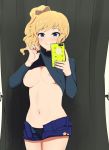  1girl blonde_hair blue_eyes blue_shorts blush bow breasts brown_bow cellphone commentary_request curtains dot_nose eyebrows_visible_through_hair hair_ornament highres holding holding_cellphone holding_phone idolmaster idolmaster_cinderella_girls large_breasts long_sleeves navel nipples no_bra ootsuki_yui open_fly phone ponytail riwa_niconi0722 shirt shirt_pull short_shorts shorts smartphone smile solo standing star 