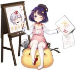  1girl alternate_costume azur_lane bangs brush bush_(azur_lane) canvas_(object) full_body hair_ornament hairclip hat looking_at_viewer official_art one_eye_closed overall_skirt overalls paint paintbrush painting philomelalilium purple_eyes purple_hair short_hair silver_hair tehepero thighhighs tongue tongue_out transparent_background washington_(azur_lane) white_legwear 