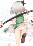  1girl ass bare_legs black_hairband black_legwear black_ribbon brown_footwear commentary_request feet_out_of_frame flower from_behind green_skirt green_vest hair_ribbon hairband highres hitodama holding holding_sword holding_weapon katana konpaku_youmu konpaku_youmu_(ghost) leg_up miniskirt miyo_(ranthath) panties petals petticoat pink_flower puffy_short_sleeves puffy_sleeves red_ribbon ribbon scabbard sheath sheathed shirt shoes short_hair short_sleeves silver_hair simple_background skirt skirt_lift skirt_set socks solo standing standing_on_one_leg sword thighs touhou underwear vest weapon weapon_on_back white_background white_panties white_shirt 