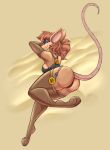  breasts brown_hair butt button_(disambiguation) camel_toe clothing eyeshadow female hair hi_res lingerie long_hair looking_at_viewer lying makeup mammal murid murine rat rear_view rodent simple_background smile solo tgwonder 