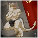  1:1 2019 3_toes aaron_(artist) abs against_wall anthro barefoot biceps biped black_clothing black_underwear border brown_claws brown_horn bulge casey_cantrell claws clothed clothing crossed_arms digital_media_(artwork) dutch_angle front_view fur grey_fur grey_tail hi_res horn jockstrap looking_at_viewer male mammal muscular muscular_male orange_eyes penis penis_base pink_penis solo spade_tail standing star_wars tauntaun toe_claws toes topless underwear white_border 