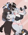  4:5 absurd_res anthro avian berri_white big_breasts bird breasts cleavage clothed clothing dumbbell female feral hi_res hyaenid male male/female mammal muscular nasusbot penguin shie_black ursid weights 