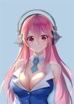  1girl andy_h bare_shoulders breasts cleavage elbow_gloves gloves headphones large_breasts looking_at_viewer nitroplus pink_eyes pink_hair smile solo super_sonico upper_body 