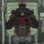  2019 abs anthro balaclavacat claws clothed clothing cyberpunk digital_media_(artwork) dragon hi_res horn jaw_spikes looking_at_viewer male muscular pecs scales scalie science_fiction simple_background standing 