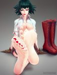  1girl barefoot boots devil_may_cry devil_may_cry_3 feet gloves green_eyes green_hair heterochromia lady_(devil_may_cry) looking_at_viewer pov pov_feet puffypinkpaws red_eyes shoes_removed sitting soles solo toenail_polish toes 