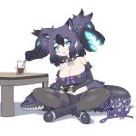  1girl :o animal_ear_fluff animal_ears bangs bare_shoulders black_gloves black_hair black_legwear black_shorts blackfoxes blue_eyes boots bow breasts cerberus_(kemono_friends) cleavage cola collar cup cutoffs dated dog_ears drinking drinking_glass drinking_straw elbow_gloves eyes_visible_through_hair fongjlf full_body gloves hair_between_eyes japari_symbol jewelry kemono_friends large_breasts legs_crossed legwear_under_shorts midriff nintendo_switch open_mouth pantyhose pendant prehensile_hair scar scar_across_eye short_shorts shorts signature simple_background sitting solo spiked_collar spikes table tail thigh_strap twintails unbuttoned_shorts white_background yoshida_hideyuki 