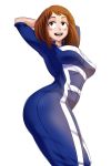  1girl arms_behind_head ass blush_stickers boku_no_hero_academia breasts brown_eyes brown_hair erect_nipples gym_uniform looking_up matching_hair/eyes medium_breasts medium_hair open_mouth pose simple_background smile solo thelorope tongue upper_teeth uraraka_ochako white_background 