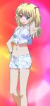  1girl bangs bare_legs bikini_shorts blonde_hair blue_eyes blush boku_wa_tomodachi_ga_sukunai female hair_ribbon hand_on_hip hasegawa_kobato heterochromia legs long_hair looking_at_viewer midriff mizukakushi_makoto navel open_mouth outstretched_hand red_eyes ribbon short_shorts shorts solo star star_print two_side_up very_long_hair 