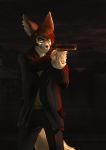  2019 5_fingers absurd_res anthro brown_hair brown_nose canid canine clothed clothing digital_media_(artwork) fox hair hi_res holding_object holding_weapon male mammal solo standing weapon zincubet 