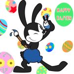  1:1 2014 anthro black_eyes black_fur black_nose blue_bottomwear blue_clothing blue_shorts bottomwear brush clothed clothing disney easter easter_egg empty_eyes english_text fur harara holding_object holiday_message holidays lagomorph leporid mammal one_eye_closed oswald_the_lucky_rabbit paintbrush rabbit shorts simple_background small_tail smile solo text topless white_background 