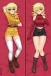  1girl artist_name belt black_skirt blonde_hair blue_eyes blush boots breasts dakimakura elbow_gloves gloves hair_over_one_eye hellsing kuroonehalf large_breasts midriff miniskirt navel red_eyes seras_victoria short_hair skirt solo thighhighs uniform vampire 