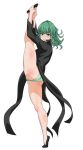  1girl ass black_dress closed_mouth curly_hair dress full_body green_eyes green_hair green_panties leg_up legs long_sleeves looking_at_viewer matching_hair/eyes one-punch_man panties shoes short_hair simple_background smile solo standing standing_on_one_leg tatsumaki thelorope underwear white_background 