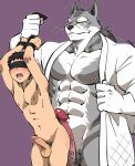  2019 41raco 5_fingers abs anthro balls big_dom_small_sub black_nose canid canine canis domination duo erection fur grey_fur hands_above_head hi_res hiroyuki_(morenatsu) human human_on_anthro interspecies larger_male male male/male male_domination mammal morenatsu multicolored_fur muscular muscular_male nipples open_mouth pecs penis penis_size_difference purple_background scar shun_(morenatsu) simple_background size_difference smaller_male submissive submissive_male sweat two_tone_fur vein veiny_penis white_fur wolf yellow_eyes 