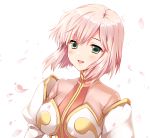  1girl :d ayamisiro bangs blush commentary_request dress estellise_sidos_heurassein green_eyes juliet_sleeves long_sleeves looking_at_viewer open_mouth petals pink_hair puffy_sleeves short_hair simple_background smile solo tales_of_(series) tales_of_vesperia upper_body white_background 