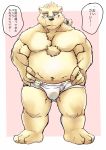  2019 anthro belly blue_eyes blush bulge clothing eyewear fur glasses hi_res humanoid_hands japanese_text leib_(tas) male mammal moobs navel okmt_redbull overweight overweight_male polar_bear solo text tokyo_afterschool_summoners underwear ursid ursine video_games white_fur 