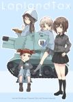  4girls aki_(girls_und_panzer) ankle_boots bangs black_footwear black_legwear black_skirt blue_background blue_footwear blue_headwear blue_jacket blue_pants blue_shirt blue_skirt boots brown_eyes brown_hair china_dress chinese_clothes circle_name closed_mouth commentary_request copyright_name cover cover_page doujin_cover dress dress_shirt english_text eyebrows_visible_through_hair from_behind from_side girls_und_panzer green_eyes grey_legwear grey_shirt grey_skirt hair_tie hand_on_hip holding holding_instrument instrument jacket keizoku_military_uniform keizoku_school_uniform kneehighs kuroi_mimei kuromorimine_school_uniform leg_hug light_blush light_brown_hair light_frown loafers long_hair long_sleeves looking_at_another looking_at_viewer looking_back mika_(girls_und_panzer) mikko_(girls_und_panzer) military military_uniform miniskirt multiple_girls music nishizumi_maho open_mouth outline pants pants_rolled_up pants_under_skirt playing_instrument pleated_skirt raglan_sleeves red_eyes red_hair school_uniform shirt shoes short_hair short_twintails sitting skirt smile socks standing straddling striped striped_shirt track_jacket track_pants translation_request twintails uniform vertical-striped_shirt vertical_stripes white_outline 