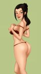  1girl ass avatar:_the_last_airbender avatar_(series) azula back bare_arms bare_shoulders black_hair blush bra breasts brown_eyes cowboy_shot grey_background highres large_breasts lips long_hair nipples nose_blush ponytail sidelocks simple_background smile solo standing thelorope thong underwear underwear_only 