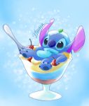  2017 4_toes alien black_eyes blue_background blue_claws blue_fur blue_nose blue_pawpads cherry chest_tuft claws cutlery dessert disney experiment_(species) food fruit fur harara head_tuft hi_res ice_cream kitchen_utensils lilo_and_stitch notched_ear on_food pawpads plant signature simple_background solo spoon stitch toes tools tuft 