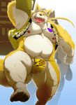  2019 anthro belly bulge canid canine canis clothing domestic_dog fundoshi fur hi_res humanoid_hands japanese_clothing japanese_text male mammal moobs nipples one_eye_closed overweight overweight_male samoji teeth text underwear wink yellow_fur 