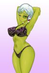  1girl alien armpits arms_behind_head breasts chirai closed_mouth collarbone cowboy_shot dragon_ball dragon_ball_super dragon_ball_super_broly gradient gradient_background green_skin large_breasts lingerie looking_at_viewer navel purple_background purple_eyes scouter short_hair silver_hair smile solo thelorope underwear underwear_only 