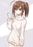  1girl ahoge alternate_costume angel_beats! brown_eyes brown_hair cellphone copyright_name cowboy_shot hair_ornament hisako_(angel_beats!) long_hair nakamura_hinato phone ponytail ribbed_sweater smartphone solo standing sweater two-tone_background white_sweater 