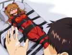  1boy 1girl angry bdsm bit_gag blue_eyes bodysuit bondage bound female gag gagged highres ikari_shinji immobilization neon_genesis_evangelion orange_hair plugsuit red_bodysuit ryner-e soryu_asuka_langley 