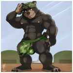  1:1 2019 4_fingers 4_toes aaron_(artist) abs american_black_bear anthro biceps black_bear black_claws black_eyebrows black_fur black_nose black_tail blue_sky border bulge claws clothed clothing day detailed_background digital_media_(artwork) drake_williams eyebrows front_view full-length_portrait fur green_clothing green_underwear hangar hat headgear headwear hi_res jockstrap looking_at_viewer male mammal military motion_lines muscular muscular_male nipples open_mouth outside pecs pink_nipples plantigrade portrait pubes red_eyes short_tail sky small_tail solo standing teeth toe_claws toes topless underwear ursid ursine white_border 