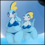  1:1 2019 anthro artesjsc big_breasts bikini blue_eyes blush bra breasts cleavage clothed clothing digital_media_(artwork) duo female front_view half-closed_eyes lagomorph mammal navel nintendo panties partially_submerged pok&eacute;mon pok&eacute;mon_(species) reptile scalie sea seductive slightly_chubby smile sobble swimwear underwear video_games water white_pupils wide_hips 