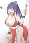  1girl blush breasts cleavage fan fatal_fury highres kneeling large_breasts long_hair looking_at_viewer open_mouth ponytail purple_hair shiranui_mai_(cosplay) shizuka_rin smile solo yellow_eyes 
