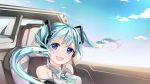  1girl :d bare_shoulders blue_eyes blue_hair blue_sky blush breasts car car_interior cloud cloudy_sky commentary_request day detached_sleeves eyebrows_visible_through_hair floating_hair grey_shirt ground_vehicle happy hatsune_miku highres long_hair looking_at_viewer medium_breasts motor_vehicle open_mouth outdoors shirt sitting sky sleeveless sleeveless_shirt smile solo twintails upper_body very_long_hair vocaloid yuunagi_show 