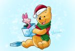  2017 black_eyes black_nose blue_background bottomless christmas clothed clothing disney domestic_pig gift happy harara hat headgear headwear hi_res holidays mammal open_mouth open_smile piglet pink_body pooh_bear raised_arm red_clothing red_shirt red_topwear santa_hat scarf shirt signature simple_background size_difference smile suid suina sus_(pig) topwear ursid winnie_the_pooh_(franchise) yellow_body 