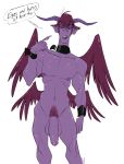  4_wings azazel_(slb) balls bracelet collar demon dialogue english_text facial_piercing feathered_wings feathers hair hi_res horn humanoid jewelry lip_piercing lip_ring looking_at_viewer male multi_wing orange_sclera penis piercing pointy_ears pubes purple_hair purple_skin signature simple_background slb solo speech_bubble text white_background wings 