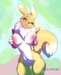  &lt;3 &lt;3_eyes anthro big_breasts breasts curvaceous digimon digimon_(species) female hi_res looking_at_viewer nipples pussy renamon smile solo standing thick_thighs thigh_gap wide_hips zoyler 