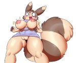  anthro big_breasts blush breasts cleavage_cutout clothing exposed_breasts female furret hi_res keyhole_turtleneck nintendo nipples open_mouth pok&eacute;mon pok&eacute;mon_(species) pussy solo standing sweater tears thick_thighs topwear video_games wizzikt 