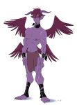  4_wings azazel_(slb) bracelet collar demon facial_piercing feathered_wings feathers hair hi_res horn humanoid jewelry lip_piercing lip_ring male multi_wing orange_sclera piercing pointy_ears purple_hair purple_skin signature simple_background slb solo standing white_background wings 
