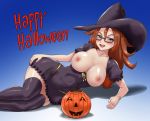 1girl android_21 black_dress black_legwear blue_background blue_eyes blush bracelet breasts brown_hair detached_sleeves dragon_ball dragon_ball_fighterz dress earrings glasses gradient gradient_background halloween happy_halloween hat hoop_earrings jack-o&#039;-lantern jewelry large_breasts long_hair nipples open_mouth puffy_short_sleeves puffy_sleeves short_sleeves solo teeth thelorope thighhighs thighs tongue witch_hat 