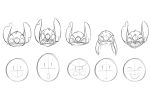 2018 alien angry black_and_white disembodied_head disney ears_down experiment_(species) eyebrows eyes_closed harara head_tuft hi_res lilo_and_stitch looking_at_viewer model_sheet monochrome notched_ear open_mouth open_smile pivoted_ears raised_inner_eyebrows sad shocked simple_background smile stitch tuft white_background 
