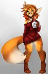  autumn_(praexon) bedhead beverage canid canine clothing coffee collar dress female fox green_eyes hair hi_res long_ears mammal red_hair solo theredghost tired wide_hips 