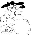  anthro belly big_belly big_breasts bovid breasts caprine clothing dialogue digital_media_(artwork) english_text female_pred hat headgear headwear magic_user mammal misterhinotori nipples nude open_mouth oral_vore saliva sheep sheep_witch text tongue vore witch 