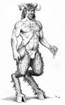  2005 arm_hair bag beard biceps body_hair bulge chest_hair clothing facial_hair happy_trail hi_res hooves horn humanoid looking_at_viewer male mjarrett1000 muscular navel nipples not_furry pan_flute pecs satyr smile solo underwear 