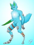  2018 anthro blue_fur canid canine cybernetics cyborg fur green_fur green_nose hi_res leather_strap looking_at_viewer machine male mammal metal pegleg plant standing white_eyes xeo_snow 